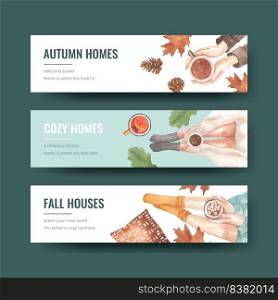 Banner template with autumn home cozy concept,watercolor style 