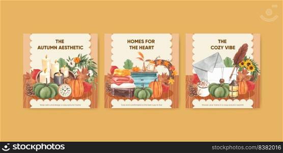 Banner template with autumn home cozy concept,watercolor style 