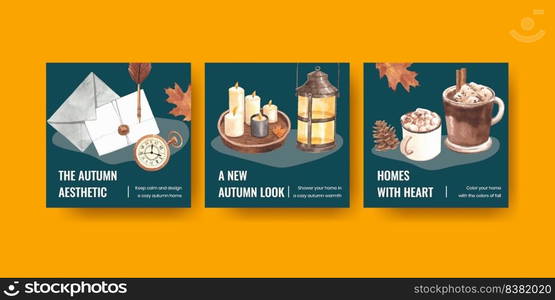 Banner template with autumn home cozy concept,watercolor style
