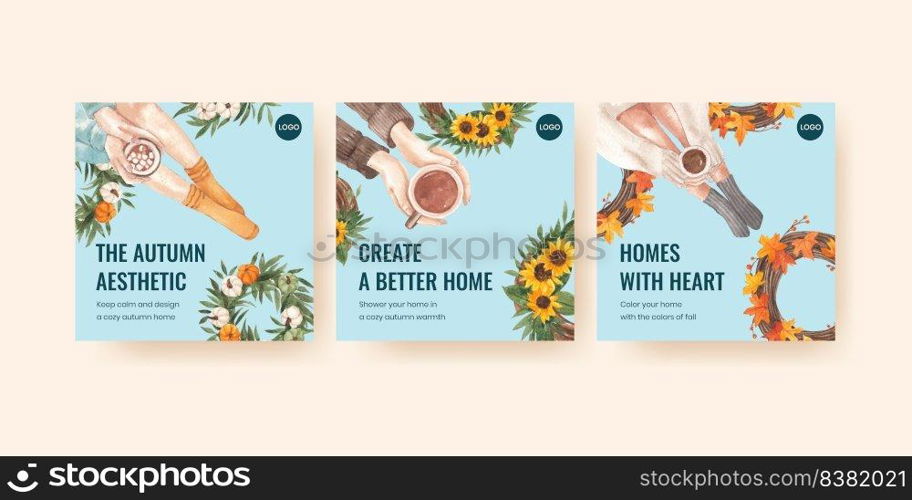 Banner template with autumn home cozy concept,watercolor style
