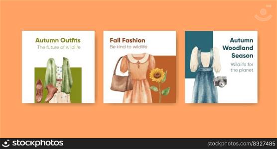 Banner template with autumn outfit woodland life concept,watercolor style 