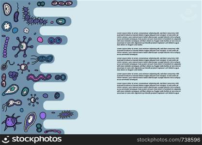 Banner template with bacterias cells and space fo text. Vector doodle style composition.