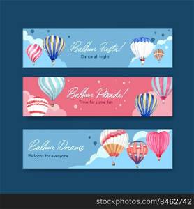 Banner template with balloon fiesta concept design for marketing and advertise watercolor vector illustration