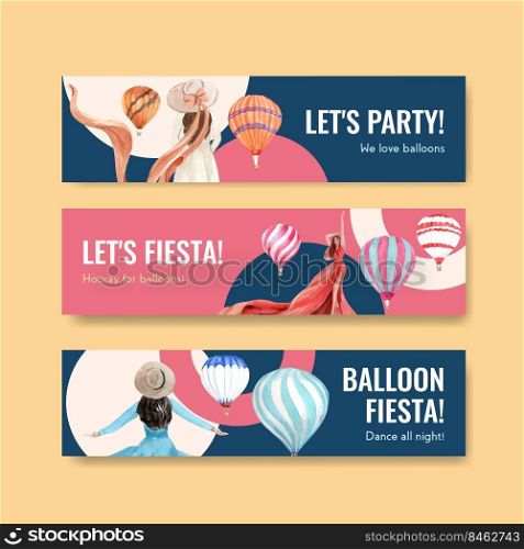 Banner template with balloon fiesta concept design for marketing and advertise watercolor vector illustration 