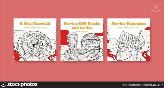 Banner template with barbeque steak concept,drawing monochrome illustration  