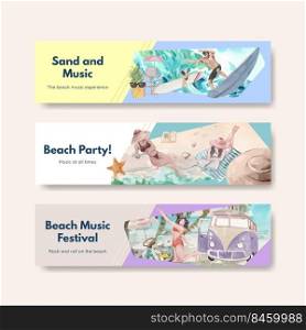 Banner template with beach vacation concept design for advertise watercolor illustration 
