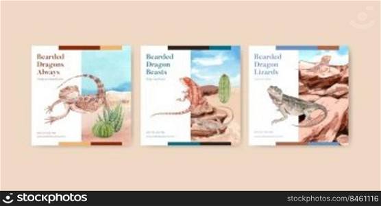 Banner template with bearded dragon animal concept,watercolor style 