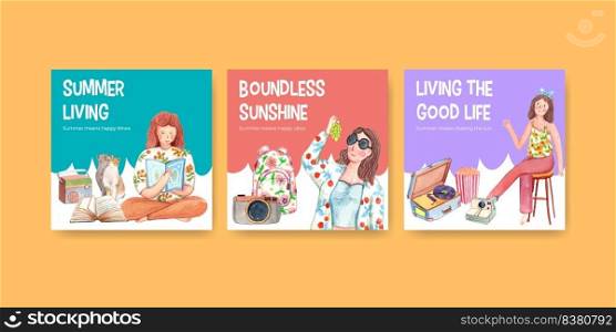 Banner template with beautiful life summer concept,watercolor style 