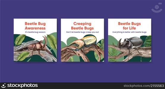 Banner template with beetles bug concept,watercolor style