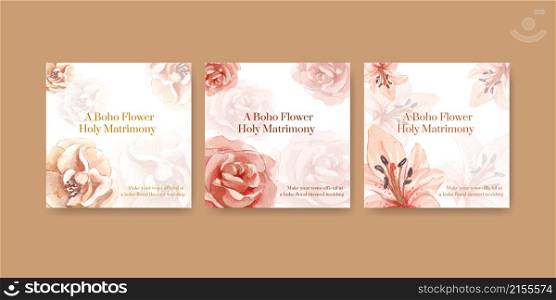 Banner template with boho flower wedding concept,watercolor style