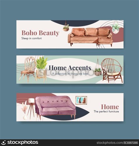 Banner template with boho furniture concept design for advertise and marketing watercolor vector illustration