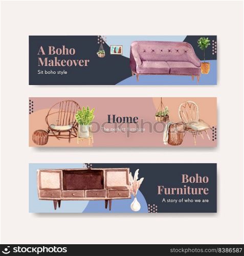 Banner template with boho furniture concept design for advertise and marketing watercolor vector illustration