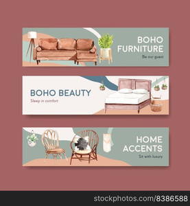 Banner template with boho furniture concept design for advertise and marketing watercolor vector illustration