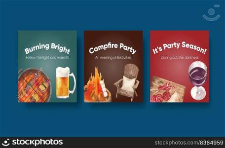 Banner template with bonfire party concept,watercolor style 