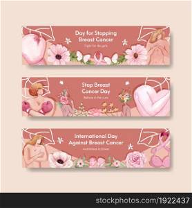 Banner template with breast cancer awareness month concept,watercolor style