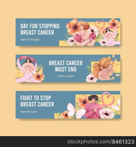 Banner template with breast cancer awareness month concept,watercolor style 