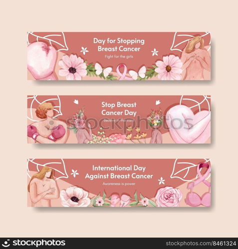 Banner template with breast cancer awareness month concept,watercolor style 