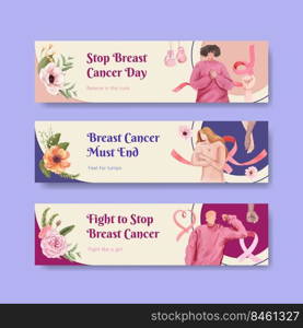 Banner template with breast cancer awareness month concept,watercolor style 