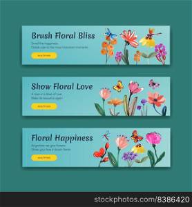 Banner template with brush florals concept design for advertise and marketing watercolor vector illustration 