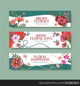 Banner template with brush florals concept design for advertise and marketing watercolor vector illustration 