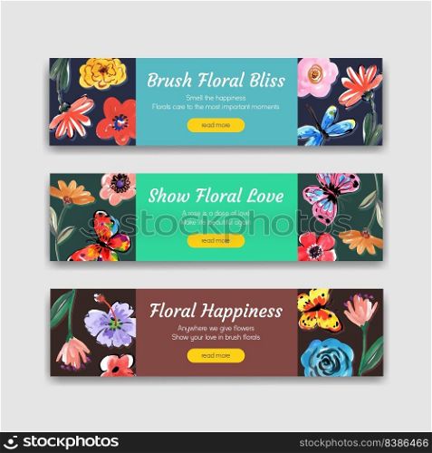 Banner template with brush florals concept design for advertise and marketing watercolor vector illustration
