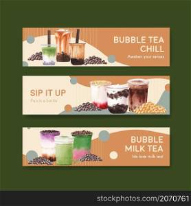 Banner template with bubble milk tea concept design for advertise and commercial watercolor vector illustration