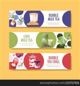 Banner template with bubble milk tea concept design for advertise and commercial watercolor vector illustration