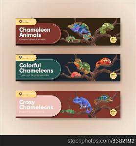 Banner template with chameleon lizard concept,watercolor style 