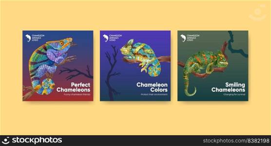 Banner template with chameleon lizard concept,watercolor style
