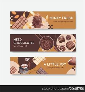 Banner template with chocolate winter concept design for advertise and marketing watercolor vector illustration