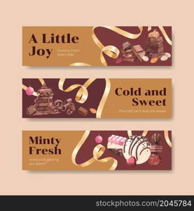 Banner template with chocolate winter concept design for advertise and marketing watercolor vector illustration