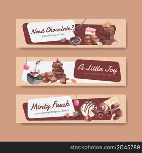 Banner template with chocolate winter concept design for advertise and marketing watercolor vector illustration