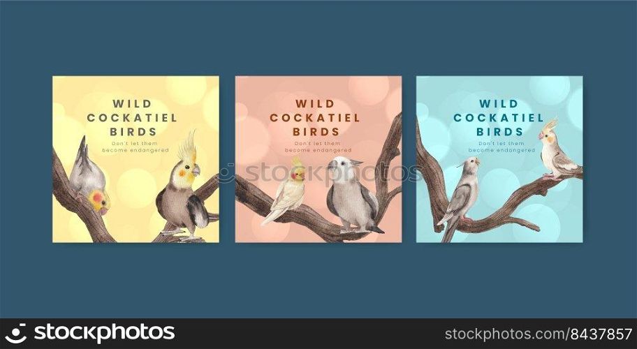 Banner template with cockatiel bird concept,watercolor style
