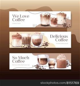 Banner template with coffee concept watercolor illustration 