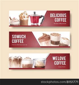 Banner template with coffee concept watercolor illustration 