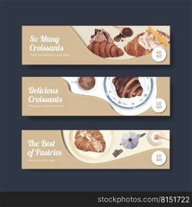 Banner template with croissant concept ,watercolor style