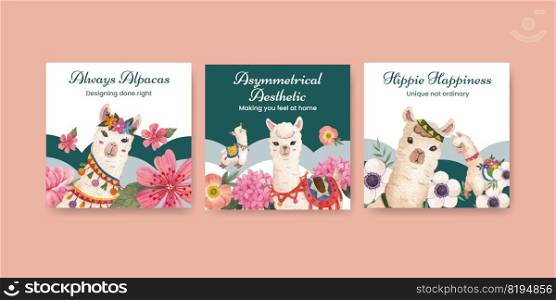 Banner template with cute boho alpaca concept,watercolor style