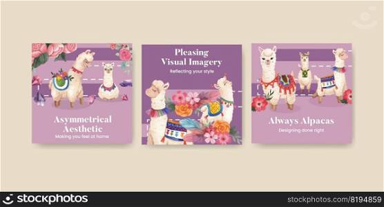 Banner template with cute boho alpaca concept,watercolor style
