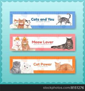Banner template with cute cat concept watercolor illustration 