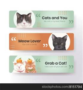 Banner template with cute cat concept watercolor illustration 