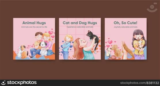 Banner template with cute dog and cat hugging concept,watercolor style 