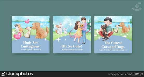 Banner template with cute dog and cat hugging concept,watercolor style 