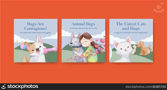 Banner template with cute dog and cat hugging concept,watercolor style
