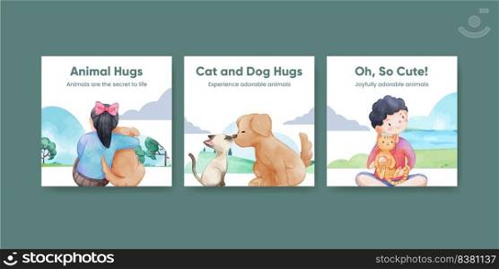 Banner template with cute dog and cat hugging concept,watercolor style
