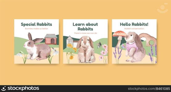 Banner template with cute rabbit concept,watercolor style