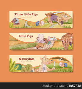 Banner template with cute three little pigs concept ,watercolor style