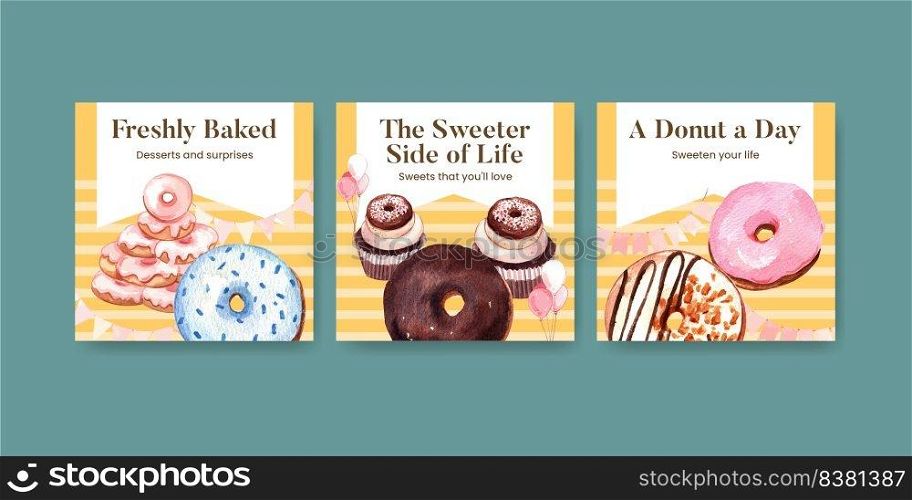 Banner template with donut party concept,watercolor style  