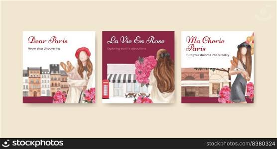Banner template with Eifel in Paris lover concept,watercolor style 