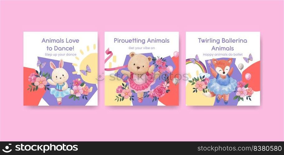 Banner template with Fairy ballerinas animals concept,watercolor style 