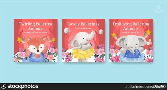 Banner template with Fairy ballerinas animals concept,watercolor style 